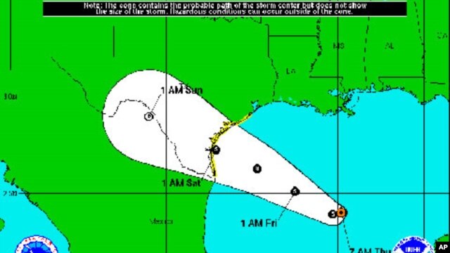 The cone in the map shows the probable path of the center of Tropical Storm Don, July 28, 2011