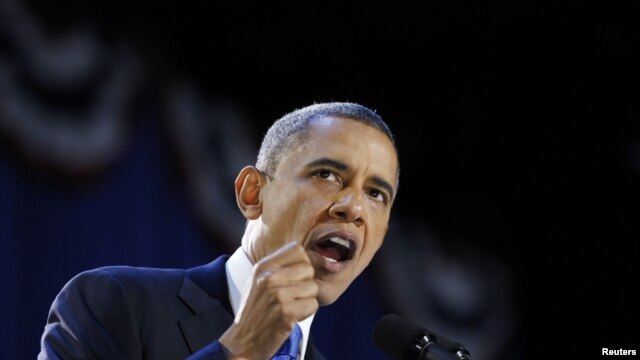 U.S. President Barack Obama gives his election night victory speech in Chicago, November 7, 2012.