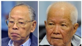Ieng Sary, left, former Khmer Rouge foreign minister, and Khieu Samphan, former Khmer Rouge head of state, during a trial for former Khmer Rouge top leaders, in Phnom Penh, file photo. 