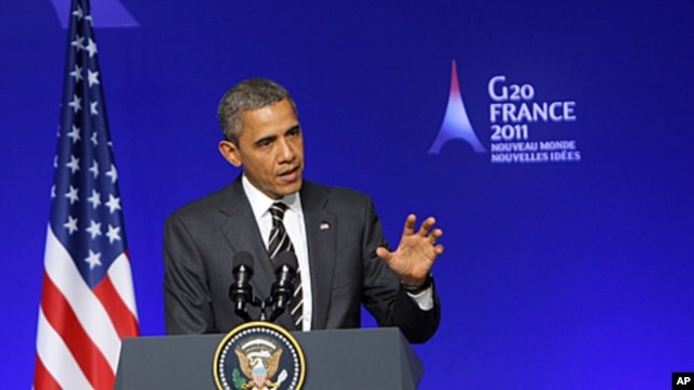 US President Barack Obama speaks during a media conference at a G20 summit in Cannes, France. Leaders from within troubled Europe and far beyond are working Friday on ways the International Monetary Fund could do more to calm Europe's debt crisis, Novembe