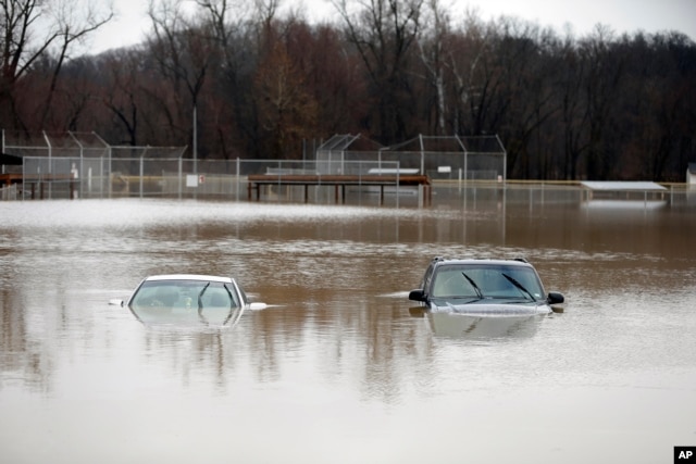 Two cars are submerged in floodwater in a park in Kimmswick, Mo., Dec. 28, 2015.