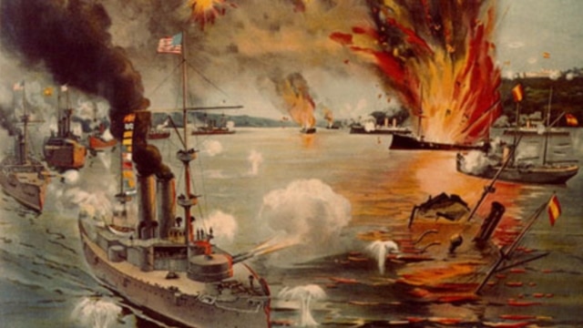A painting of the Battle of Manila Bay in 1898 in which the United States Navy defeated the Spanish Navy