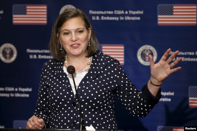 FILE - U.S. Assistant Secretary of State Victoria Nuland speaks during a news conference in Kyiv, Ukraine.