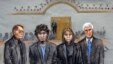 In this courtroom sketch, Dzhokhar Tsarnaev, second from left, is depicted standing with his defense attorneys William Fick, left, Judy Clarke, second from right, and David Bruck, right, as the jury presents its verdict, April 8, 2015.
