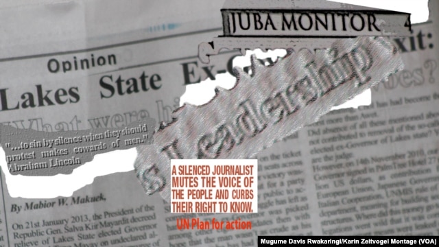 A montage of the Juba Monitor newspaper and an excerpt from the UN Plan for the Safety of Journalists. The Juba Monitor has had four print runs seized since South Sudan erupted in violence in December 2013.