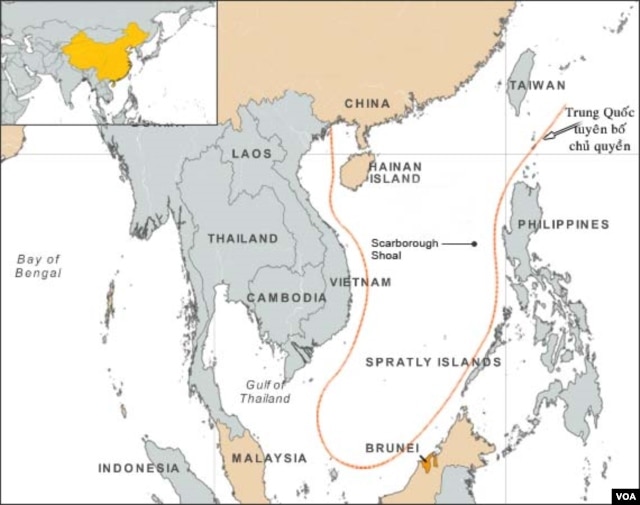 Việt Nam, Philippines, Brunei và Malaysia đều nhận chủ quyền trong vùng Biển Ðông. Trung Quốc và Ðài Loan đòi chủ quyền gần như toàn bộ vùng biển.