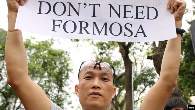 Người biểu tình cầm biểu ngữ phản đối công ty Formosa gây ô nhiễm dẫn tới vụ cá chết ở Hà Tĩnh.