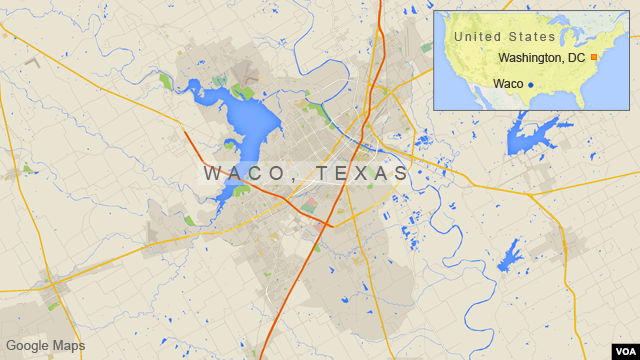 Bản đồ Waco, cách thành phố Dallas ở bang Texas 150 kilomet về phía nam.