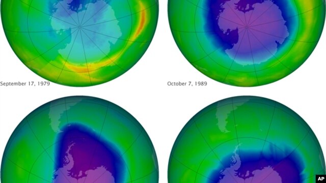 This undated image provided by NASA shows the ozone layer over the years, Sept. 17, 1979, top left, Oct. 7, 1989, top right, Oct. 9, 2006, lower left, and Oct. 1, 2010, lower right. 