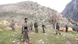 PKK fighters stand guard during the release of eight Turkish prisoners in the northern Iraqi city of Dohuk, March 13, 2013. (Reuters)
