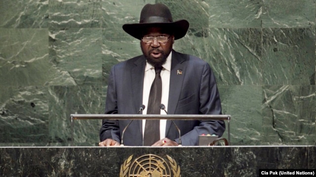 President Salva Kiir addresses the 69th session of the United Nations General Assembly in New York on Saturday, Sept. 27, 2014.