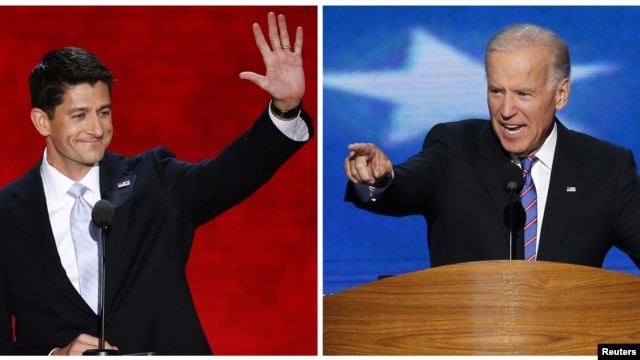 Vis Prezidan Joe Biden (a dwat) epi kandida repibliken pou pòs Vis Prezidan an, Depite Paul Ryan (Foto achiv).