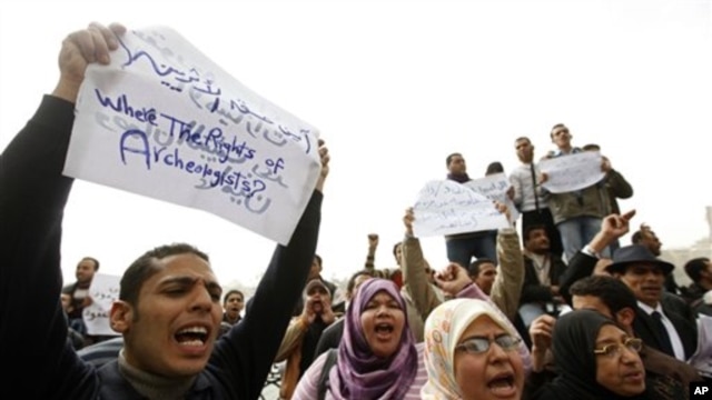 Jobless archeology graduates protest in demand of jobs in the Egyptian museum, in Cairo, Egypt, Feb 16,  2011