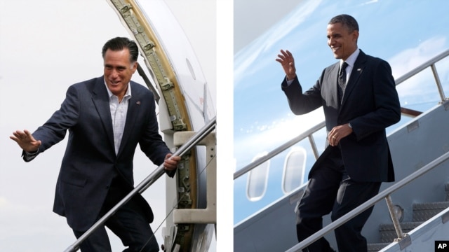Republican presidential candidate Mitt Romney, left, boards a plane in Denver, Colo., and President Barack Obama gets off a plane in Tampa, Fla. in September.