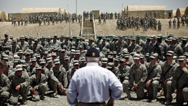 U.S. Secretary of Defense Robert Gates addresses troops at Forward Operating Base (FOB) Sharana in Paktika Province, Afghanistan, June 6, 2011