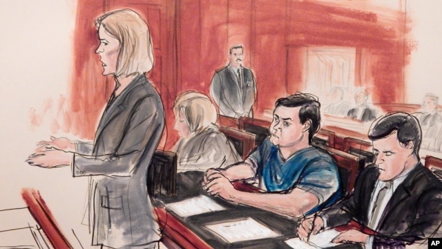 FILE - In this Feb. 11, 2015, courtroom sketch, Assistant U.S. Attorney Anna Skotko, foreground left, addresses the court at the arraignment of Russian citizen Evgeny Buryakov.