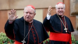 Mexican Cardinals Juan Sandoval Iniguez (L) and Josz Francisco Robles Ortega (R) wave as they arrive at a meeting at the Synod Hall in the Vatican March 7, 2013.