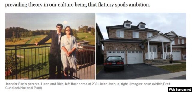 Ông Hann và bà Bích, cha mẹ của Jennifer Pan; bên phải là căn nhà của họ ở số 238 Helen Avenue. (Ảnh chụp từ trang web của báo Toronto Life).