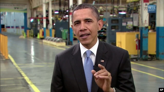 Barack Obama delivers his weekly address from a hybrid technology plant in the state of Indiana, May 7, 2011