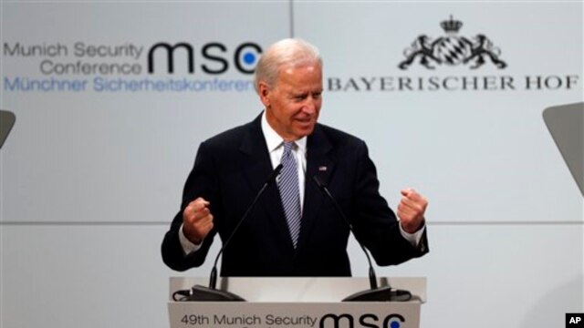 Wakil Presiden Amerika Joe Biden dalam Konferensi Keamanan di Munich, Jerman, mengimbau Iran agar mengambil pendekatan yang jujur dalam perundingan dengan kelompok kontak internasional yang disebut P5+1 (foto, 2/2/2013).