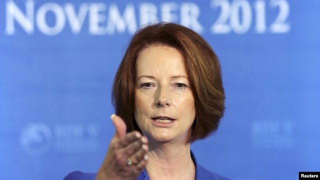 Australian Prime Minister Julia Gillard speaks during a news conference, November 8, 2012. 