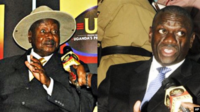 Uganda President Yoweri Museveni, left, being interviewed by a journalist, after he was nominated to run for presidential elections; Forum for Democratic Change’s Dr. Kizza Besigye after being nominated for presidential elections in the capital city Kampa