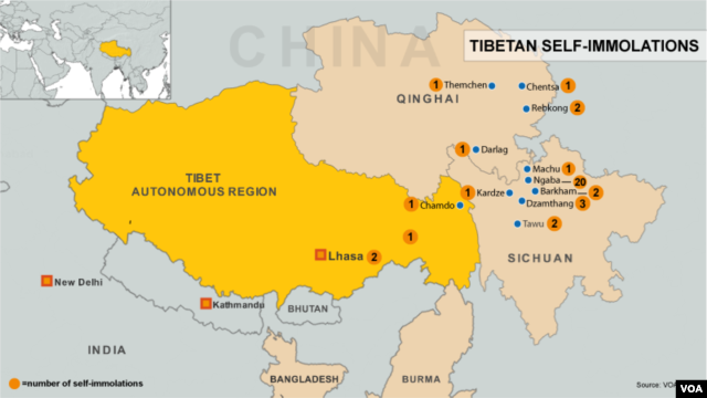 Locations of self-immolations in Tibet