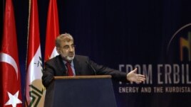 Turkish Energy Minister Taner Yildiz speaks during the first International Energy Arena in Arbil, about 350 kilometers north of Baghdad, Iraq, May 20, 2012.