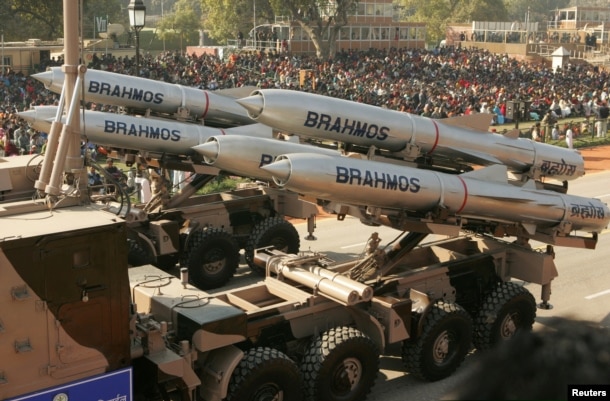FILE - India's Brahmos supersonic cruise missiles, mounted on a truck, pass by during a full dress rehearsal for the Republic Day parade in New Delhi, January 23, 2006.