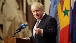 British Foreign Secretary Boris Johnson speaks to reporters at U.N. headquarters in New York, July 22, 2016. 