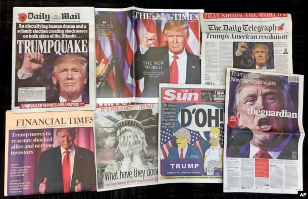A montage of British newspaper front pages reporting on President-elect Donald Trump winning the American election are displayed in London, Nov. 10, 2016.