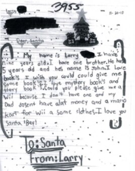 A sample of one of the two million letters to Santa received by the main post office in New York.