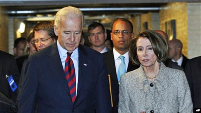 Vice President Joe Biden (L) and House Speaker Nancy Pelosi talk as they leave a Democratic Caucus meeting on Capitol Hill , 08 Dec 2010