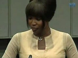 Naomi Campbell in the pressroom of the U.N.-backed Special Court for Sierra Leone in Leidschendam, Netherlands.