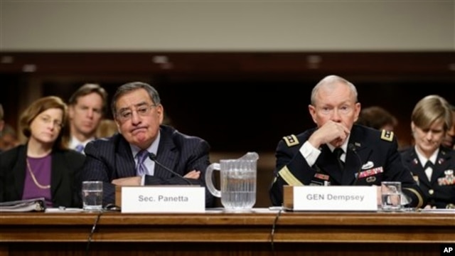 Outgoing Defense Secretary Leon Panetta, and Joint Chiefs Chairman Gen. Martin Dempsey, testify on Capitol Hill, Washington, Feb. 7, 2013.