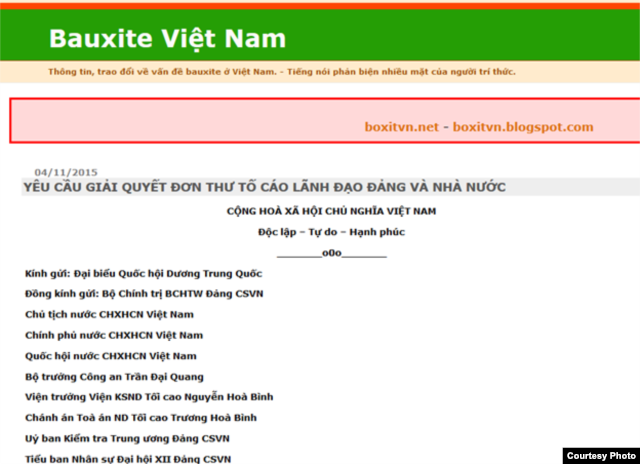 Bản yêu cầu giải quyết đơn thư tố cáo lãnh đạo Đảng và Nhà nước đã được trang Bauxite Việt Nam, diễn đàn của giới trí thức yêu nước, đăng tải ngày 4/11/2015