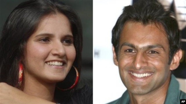 In this combination of two file photos, Indian tennis player Sania Mirza at a press conference in Hyderabad, India, Feb. 4, 2008, left, and Pakistani cricket captain Shoaib Malik at a press conference in Karachi, Pakistan on Jan. 19, 2009, are shown. Mali