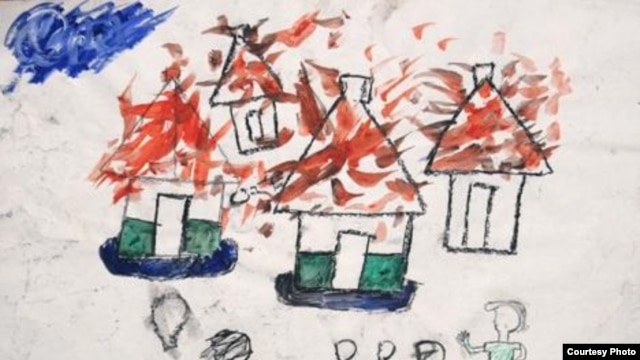 A drawing done in 2006 by a boy who had fled fighting between the Lord’s Resistance Army and government forces in northern Uganda. (Courtesy of Nickson Okwir and A River Blue.)