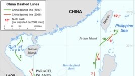 A map showing differences in China's maritime claims in the South China Sea, based on maps created by China in 1947 and 2009.