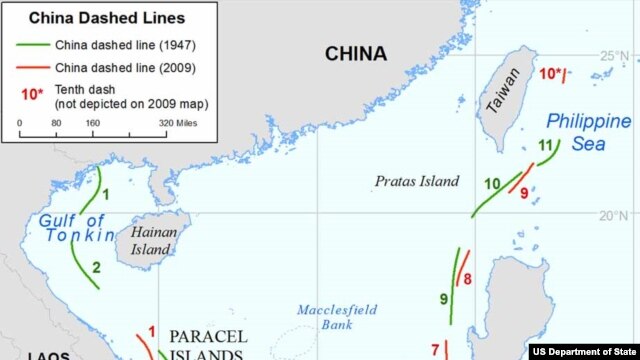 A map showing differences in China's maritime claims in the South China Sea, based on maps created by China in 1947 and 2009.