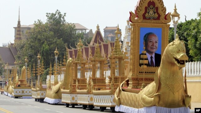 The royal funeral convoys are prepared ahead of the funeral procession for Cambodia's late King Norodom Sihanouk Thursday, Jan. 31, 2013, in Phnom Penh, Cambodia. The body of Sihanouk who died on Oct. 15, 2012 at age 89 is scheduled to be cremated on Feb. 4, 2013. (AP Photo/Heng Sinith)