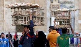 Egyptian men sell bread as they balance the trays on their heads near Al Hussein mosque in Old Cairo, Mar. 17, 2013.