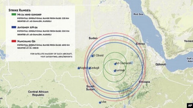 Map indicating increased range of Sudan Armed Forces aircraft, following capture of ac rebel airbase in Kurmuk, Blue Nile State. (Nov. 2011)