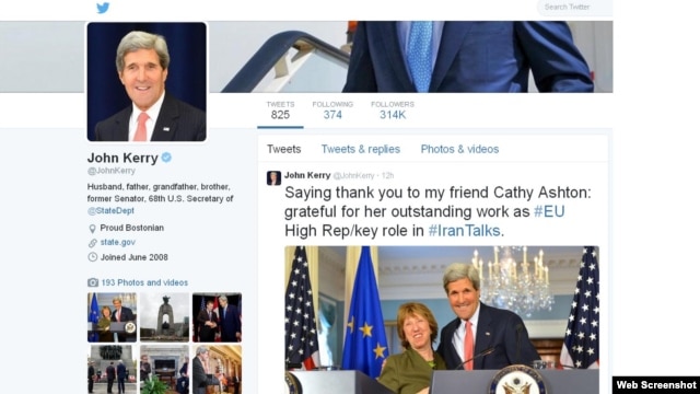 پیام قدردانی جان کری وزیر خارجه آمریکا در توئیتر از اقدامات کاترین اشتون مسئول سیاست خارجی اتحادیه
