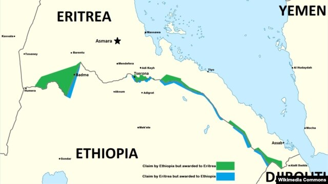 Bản đồ phác họa khu vực các cuộc xung đột giữa Ethiopia và Eritrea.