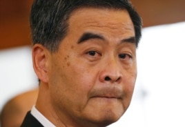 Hong Kong Chief Executive Leung Chun-ying answers questions from media during a press conference in Hong Kong Government House, Oct. 16, 2014.