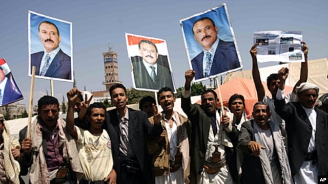 Yemeni men hold up portraits of President Ali Abdullah Saleh as they celebrate his return to Sana'a after more than three months of medical treatment in Saudi Arabia, even as his forces were battling dissident troops in the capital, September 23, 2011.