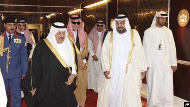 UAE President Sheikh Khalifa bin Zayed Al Nahyan, 2nd right, walks with Saudi Arabia's Prince Nayef bin Abdul Aziz, 3rd left, and Saudi Foreign Minister Prince Saud Al Faisal, 4th left, during the 31st Gulf Cooperation Council, GCC, summit in Abu Dhabi, U