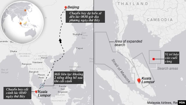 Bản đồ tuyến bay của máy bay Malaysia bị mất tích
