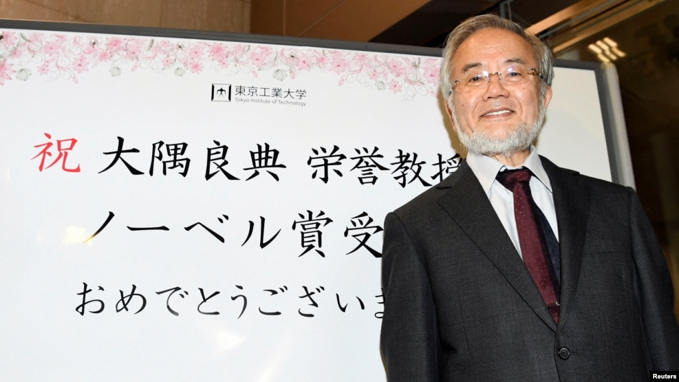 Yoshinori Ohsumi, giáo sư của Viện Công nghệ Tokyo, mỉm cười trước một bảng thông báo chúc mừng sau khi ông đã giành được giải thưởng Nobel y học, Yokohama, Nhật Bản, ngày 03 Tháng 10 năm 2016. (Ảnh của hãng tin Kyodo) 